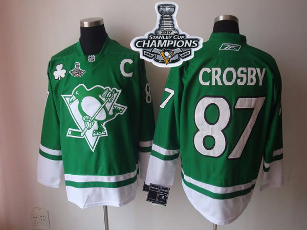 Penguins #87 Sidney Crosby Green St Patty's Day Stanley Cup Finals Champions Stitched NHL Jersey